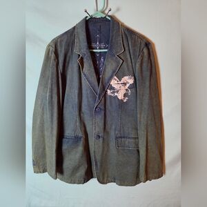 Positano Blue Denim Long Sleeve Y2K Graphic Lapel Button Front Blazer Sz L